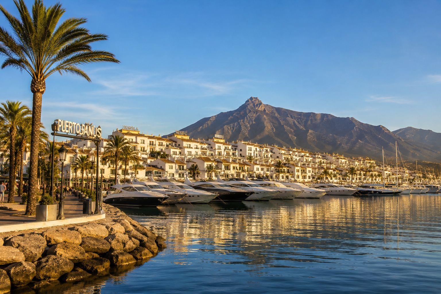 Puerto Banús marina at golden hour